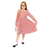 oald Dahl BFG Sophie Childs Costume, knee length pink dress, peter pan collar with logo and print around the hemline.