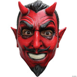 classic devil mask, red latex full face mask with horns, ears and goatee.