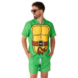 TMNT summer swim suit, printed shirt and plain green board shorts.