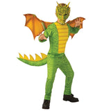 Dragon deluxe child costume in green with yellow chest, jumpsuit with attached tail and scalloped large wings.