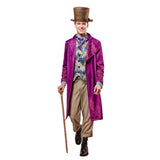 Willy Wonka Premium Costume - Adult, purple long jacket with digitally printed sleeves and lapels, multi coloured vest with buttons and scarf. Top hat in brown velour, striped brown pants.
