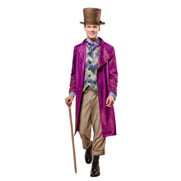 Willy Wonka Premium Costume - Adult, purple long jacket with digitally printed sleeves and lapels, multi coloured vest with buttons and scarf. Top hat in brown velour, striped brown pants.
