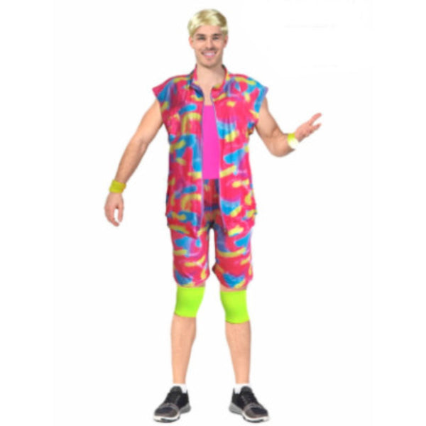 Adult 80s Work Out Man Costume, colourful short, top, knee pads and wrist bands.