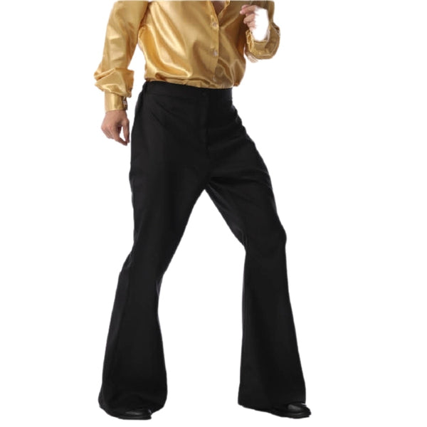 Adult Black Disco Flare Pants with zip at front and elastic at back.