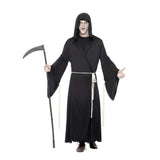 Adult Black Grim Reaper Costume, wide sleeves, hood and cord for waist.