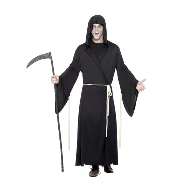 Adult Black Grim Reaper Costume, wide sleeves, hood and cord for waist.