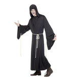 Adult Black Grim Reaper Costume, wide sleeves, hood and cord for waist.