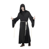 Adult Black Grim Reaper Costume, wide sleeves, hood and cord for waist.