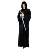 Adult Black Robe Wizard Costume, floor length velvet robe with hood and trumpet sleeves.