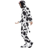 Side view of unisex adult cow print jumpsuit, featuring an attached hood and a tail