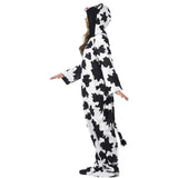 Side view of unisex adult cow print jumpsuit, featuring an attached hood and tail, suitable for all genders