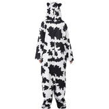 Back view of unisex adult cow print jumpsuit, featuring an attached hood with horns and a tail.