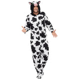 Unisex adult cow costume with black and white cow print, featuring an all-in-one design with an attached hood.