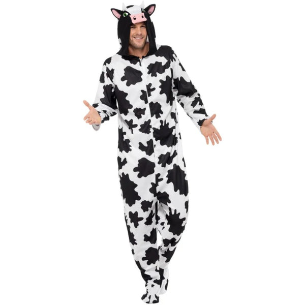 Unisex adult cow costume with black and white cow print, featuring an all-in-one design with an attached hood.