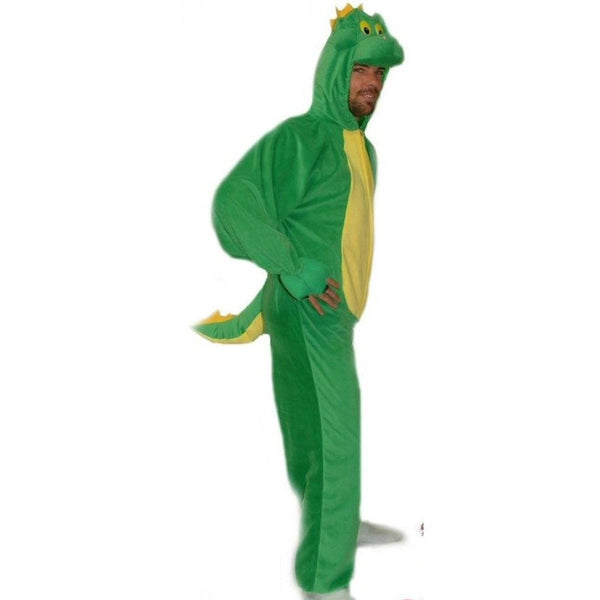 Adult Dinosaur Fancy Dress Costume - Hire, green dinosaur jumpsuit with yellow tunny and accents, adult size.