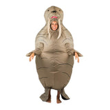 adult inflatable walrus costume with fins for sleeves and at feet plus long tufts.