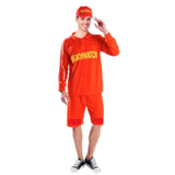 Adult Life Saver Costume, elastic waist knee length shorts, long sleeve top with beachwatch print on the front, cap with beachwatch print on front.