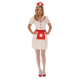 Adult Nurse Costume, white dress with puffy sleeves and attached apron with red cross and matching headdress.