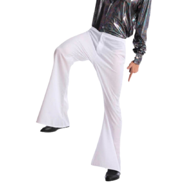 Adult White Disco Flare Pants, zip at front and elastic back.