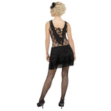 All That Jazz Flapper black and nude dress, lace bodice with nude lining, black fringed short skirt, laces up at the back.