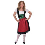 Alpine maiden dress and apron, knee length with peasant style bodice and red apron.