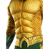 Aquaman 2018 Deluxe Adult Costume, gold scale look padded jumpsuit and gold detail look belt.
