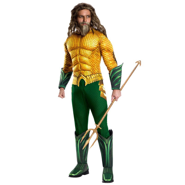 Aquaman 2018 Deluxe Adult Costume, jumpsuit with gold scale look bodice and green bottoms with boot tops and gauntlets.
