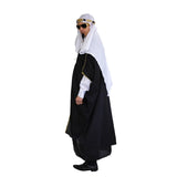 Arab Sheikh Mens Costume, robe, tunic and large white flowing headdress with gold cord.