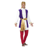 arabian prince adult cosutme, white top, purple waistcoat, red trousers and gold belt and turban.