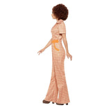 Authentic 70s Chic Jumpsuit Costume in orange and brown half circle shape print, flare in the pants, short sleeve with collar.