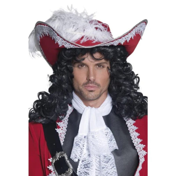 Authentic pirate hat in red with white braid trim and long white feather.