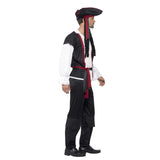 Aye Aye Pirate Captain Costume, mens pirate costume in black and white trimmed in red, top with attached vest, pants with boot tops and hat with plaits.
