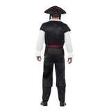 Aye Aye Pirate Captain Costume, mens pirate costume in black and white trimmed in red, top with attached vest, pants with boot tops and hat with plaits.