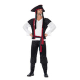 Aye Aye Pirate Captain Costume, mens pirate costume in black and white trimmed in red, top with attached vest, pants with boot tops and hat with plaits.