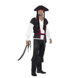 Aye Aye Pirate Captain Costume, mens black pants with attached boot tops, white shirt with attached black vest trimmed in red, black tri-corn hat with attached plaits and sash.
