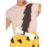 Bamm Bamm Rubble Flintstones Adult Costume, printed jumpsuit, over the shoulder strap with felt bone attached.