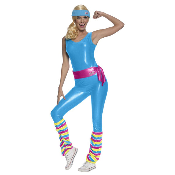 Barbie Exercise Adult Costume, blue bodysuit with pink belt and logo, headband and colourful leg warmers.
