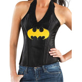 Batgirl Leather-Look Corset-Adult, black with yellow logo on chest.