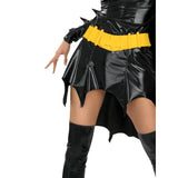 Batgirl Secret Wishes Costume - Adult, wet look black dress with scalloped hemline, cape, gauntlets with spikes and moulded belt and mask.