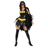 Batgirl Secret Wishes Costume - Adult, wet look black dress with scalloped hemline, cape, gauntlets with spikes and moulded belt and mask.