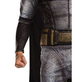 Batman Deluxe Justice League - Adultpadded chest jumpsuit in grey and black with attached cape, belt, half plastic mask.