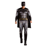 Batman Deluxe Justice League - Adultpadded chest jumpsuit in grey and black with attached cape, belt, half plastic mask.