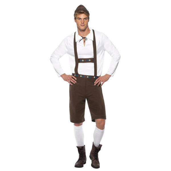 Bavarian Man Costume - Brown lederhosen with attached braces, braid on braces and waist, matching small hat and white long sleeve shirt.