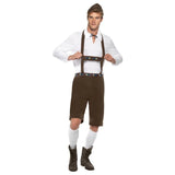 Bavarian Man Costume - Brown lederhosen with attached braces, braid on braces and waist, matching small hat and white long sleeve shirt.