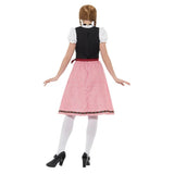 Bavarian Tavern Maid Costume, knee length dress with red check skirt, black and white corset style bodice and seperate apron.