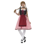 Bavarian Tavern Maid Costume, knee lenth dress with red check skirt, corset style bodice with attached apron.