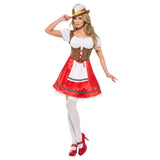 Bavarian Wench Costume, dress with attached apron, corset style top, red skirt.