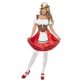 Bavarian Wench Costume, peasant style bodice which laces up, red skirt with attached apron and braid trim.