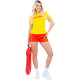 Baywatch Beach Costume - Ladies, yellow top with "baywatch" print, short shorts with logo on front.
