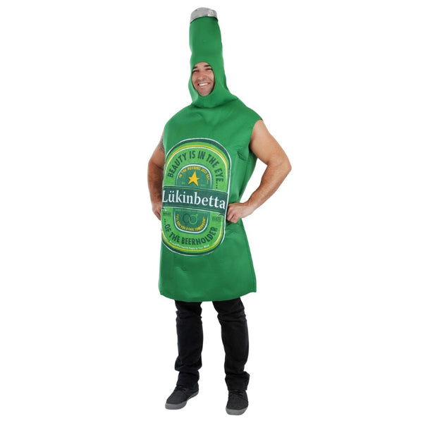 Beer Bottle-Green, foam knee length tabard with attached hood for the top of the bottle, opening for face and  print beer label.